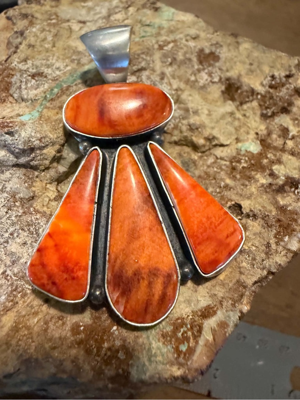 Navajo sterling silver orange spiny oyster pendant